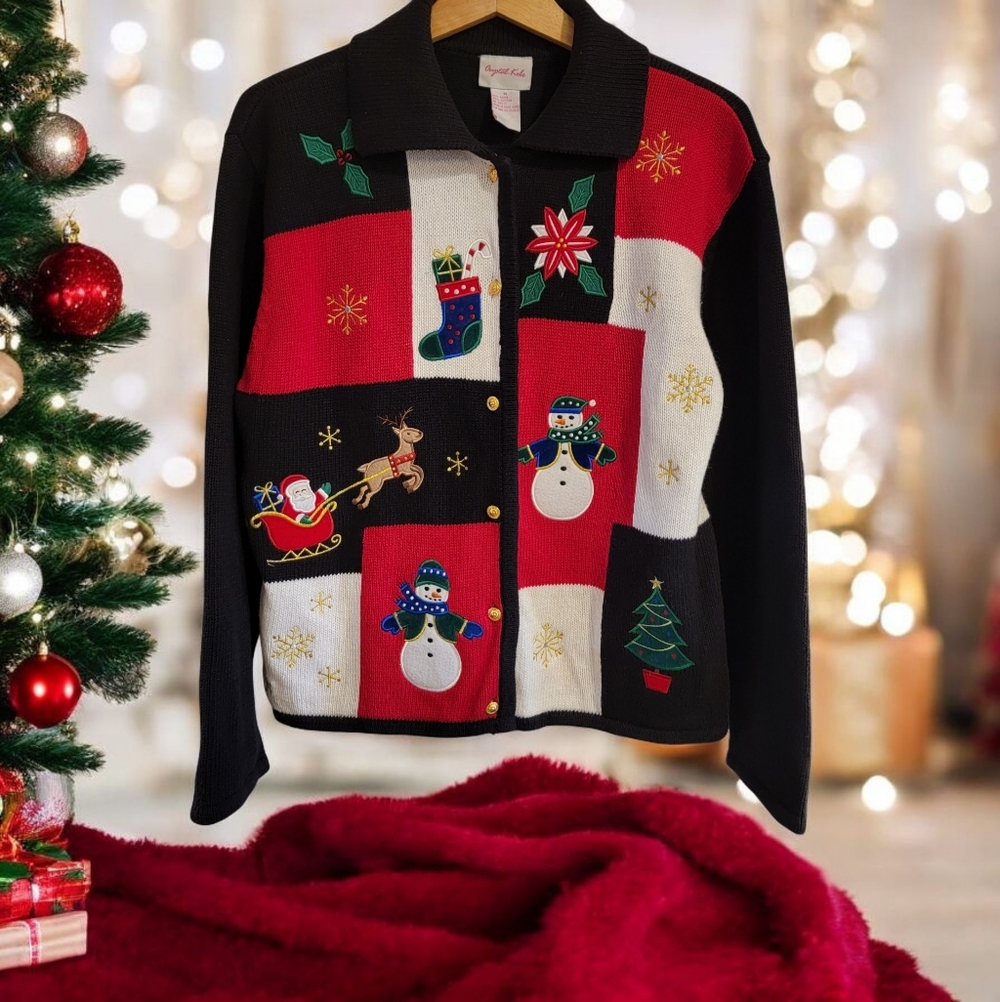 Vintage Crystal Kobe Christmas Patchwork Cardigan Sweater Medium‎